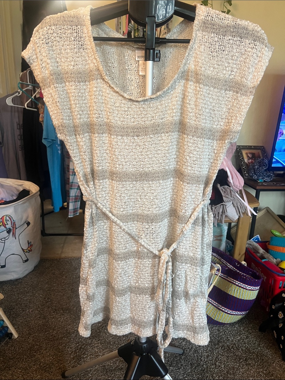 Motherhood Maternity Cream and Tan Knit Belted Midi Dress